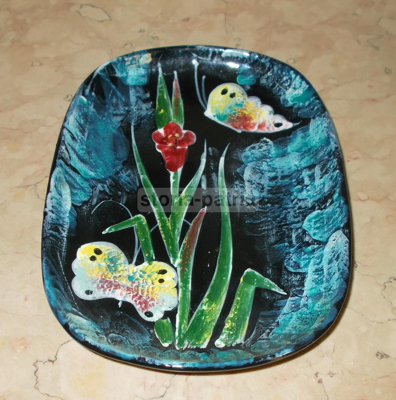 Decorativa Ceramica Floreale, Fiori E Farfalle, Inusuale Pubblicitaria, Vassoio immagine 1
