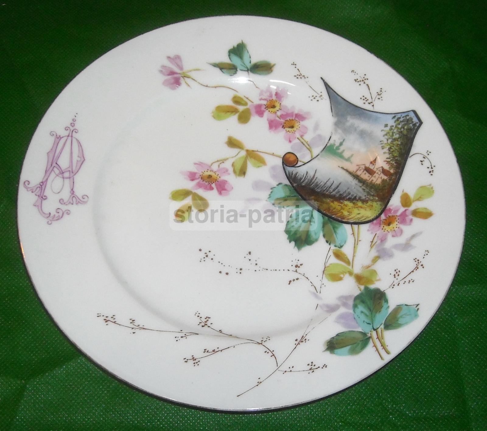 Elegante Antico Piatto, Porcellana Dipinta, Floreale, Con Paesaggio, Decorativo, Raro immagine 1