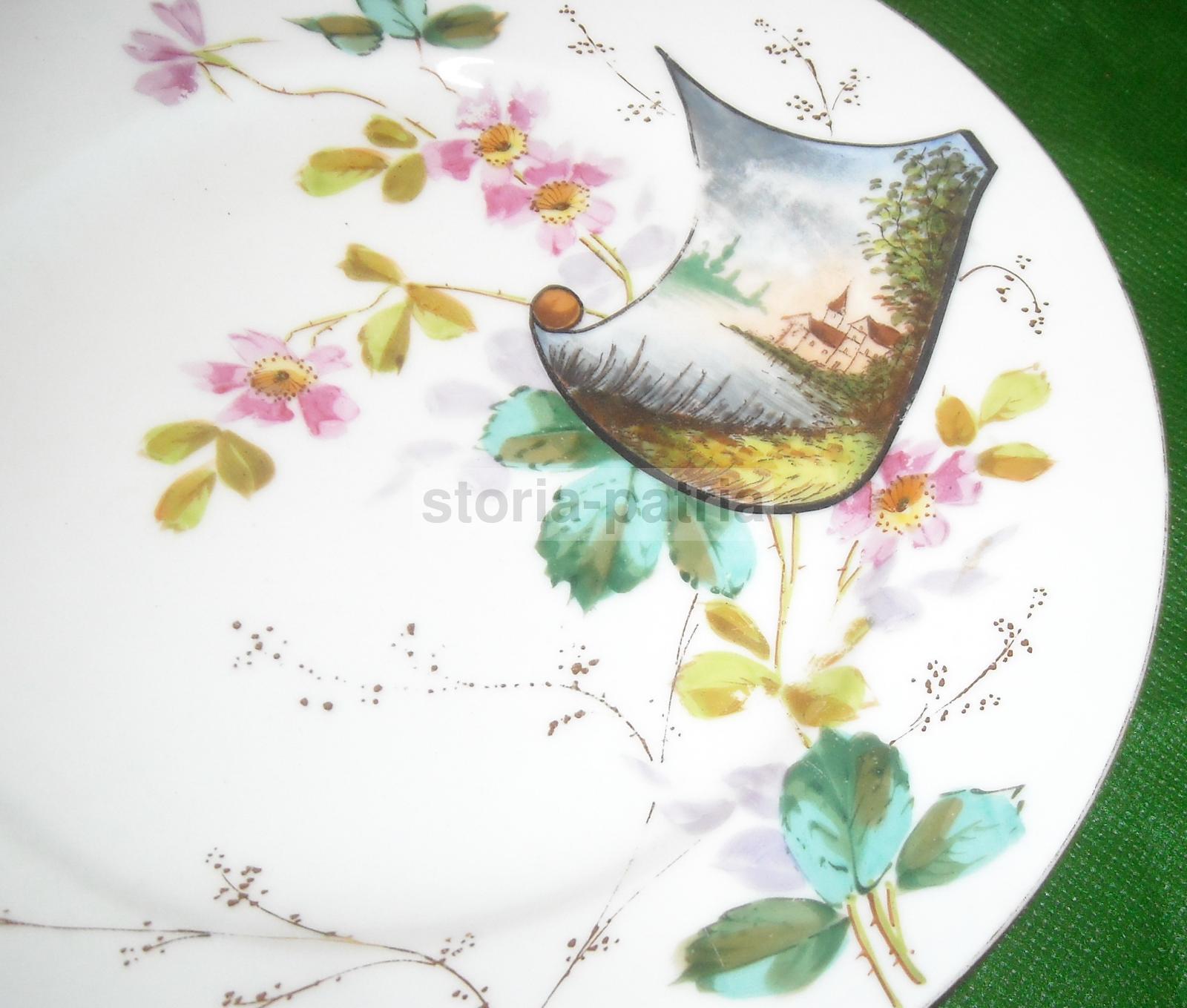 Elegante Antico Piatto, Porcellana Dipinta, Floreale, Con Paesaggio, Decorativo, Raro immagine 2