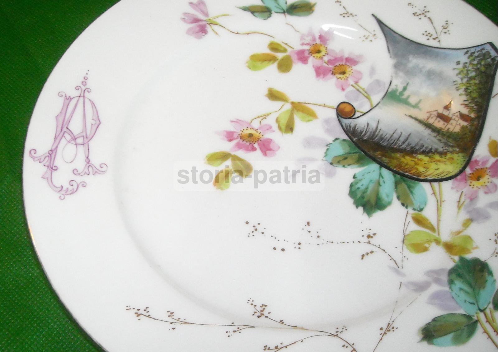 Elegante Antico Piatto, Porcellana Dipinta, Floreale, Con Paesaggio, Decorativo, Raro immagine 4